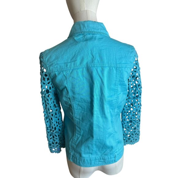 Just B Turquoise Eyelet Embroidered Jacket Size S | Floral Lace Sleeves & Beaded - Picture 7 of 10